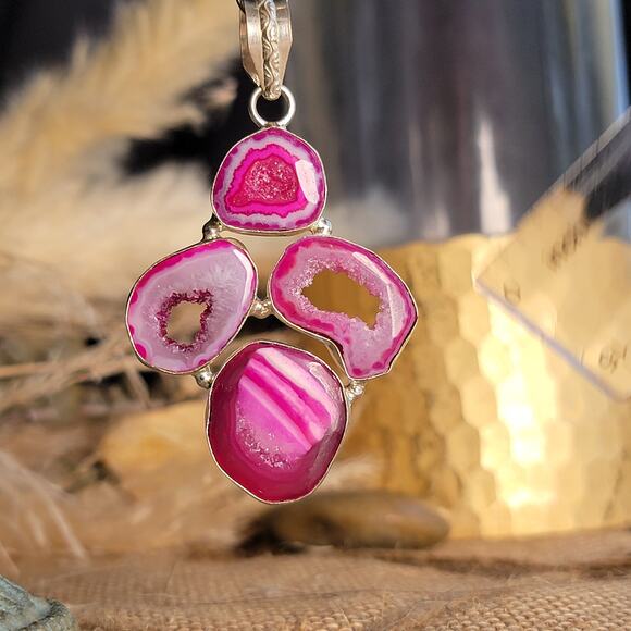 Raw Pink Geode Pendant – Vibrant Crystal Slice + 20" Sterling Silver Chain - Picture 5 of 10